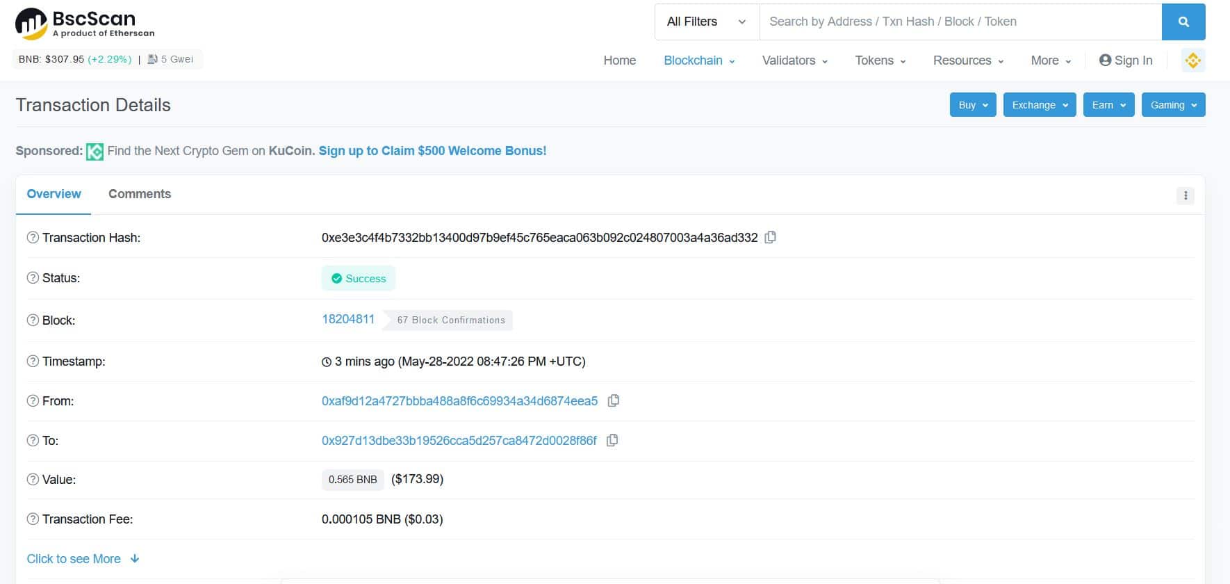 transaction dans BscScan